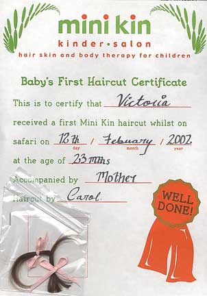 Hair cut certificate from MiniKin Kinder Salon in Muswell Hill